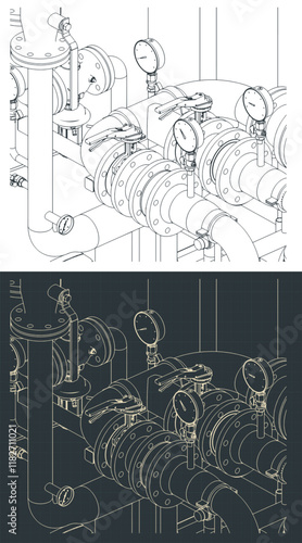 Pipes valves and manometers close-up blueprints