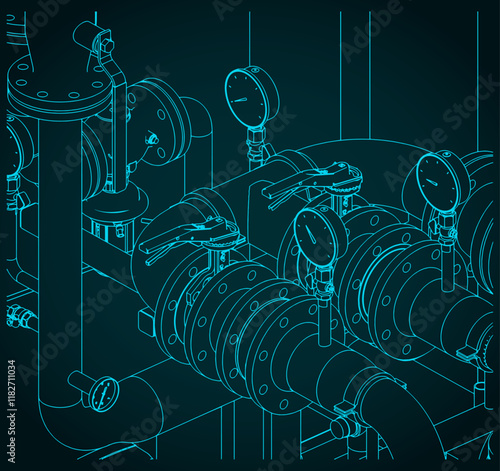 Pipes valves and manometers close-up