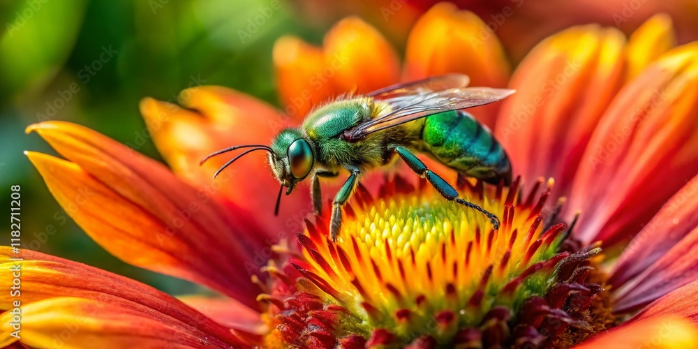 Aerial View: Metallic Green Sweat Bee on Blanket Flower Aerial View: Metallic Green Sweat Bee on Blanket Flower