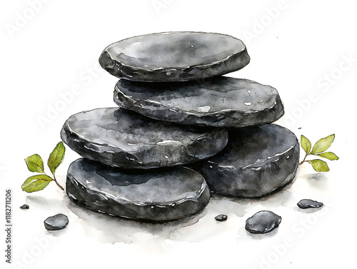 Tranquil stone stack with fresh leaves symbolizing growth and harmony against a clean white background photo