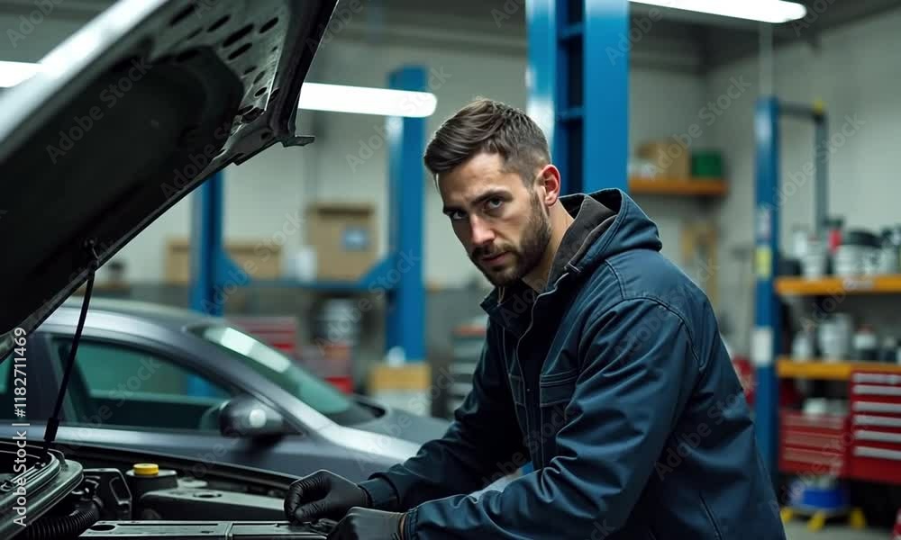 A skilled mechanic working under the hood of a car in a bustling garage, surrounded by tools and spare parts A skilled mechanic working under the hood of a car in a bustling garage, surrounded by tools and spare parts