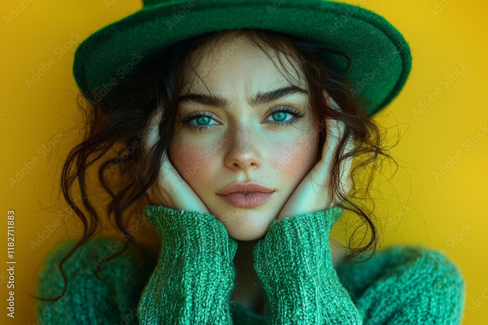 A beautiful young brunette, wearing a green clover hat for Saint Patrick's Day, is in agony from a headache, looking stressed and desperate. She is holding her head in pain A beautiful young brunette, wearing a green clover hat for Saint Patrick's Day, is in agony from a headache, looking stressed and desperate. She is holding her head in pain