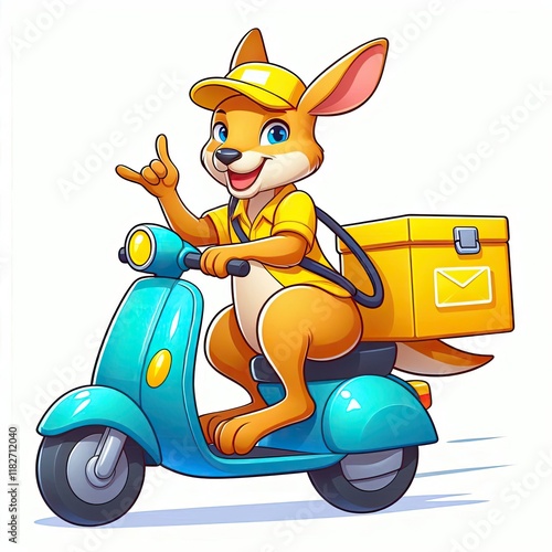 Yellow kangaroo courier on blue scooter on white background photo