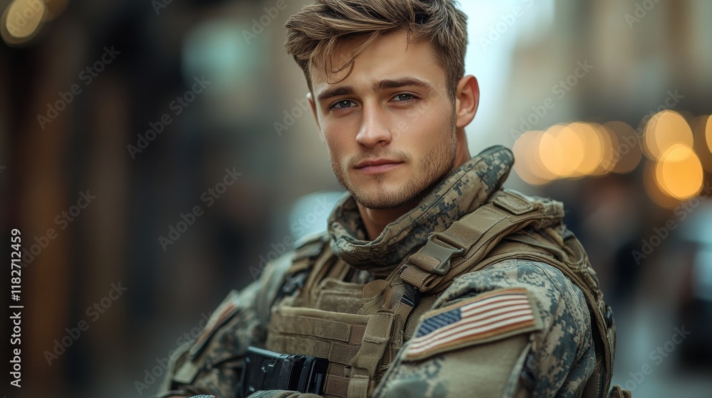 A young individual in military attire stands confidently with an American flag patch, set in an urban environment with a blurred background highlighting city lights A young individual in military attire stands confidently with an American flag patch, set in an urban environment with a blurred background highlighting city lights