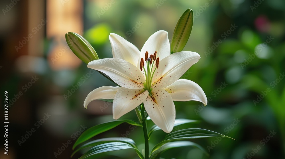 Fototapeta premium A close-up photograph captures a beautifully blooming white lily in a natural setting, showcasing its delicate petals and vibrant green leaves in a serene environment