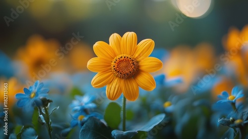 A vibrant close-up of a radiant yellow flower among a bed of blue blossoms in a lush garden setting, capturing nature's colorful and diverse beauty
