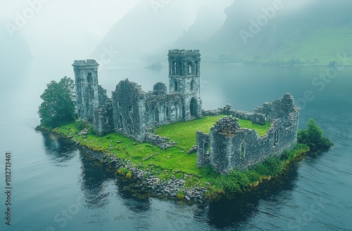 An aerial view of Station Island, a pilgrimage site linked to St Patrick, situated in Lough Derg; Ballymacavany, County Donegal, Ireland photo