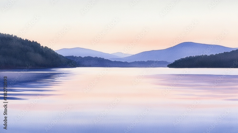 Fototapeta premium Serene Lakeside Sunrise: A Watercolor Painting of Misty Mountains and a Calm Lake