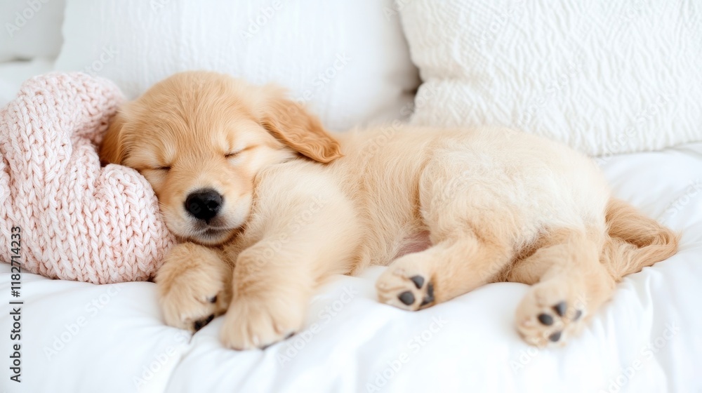 A puppy golden retriever peacefully sleeping on a pastel pink knitted blanket and soft white bedding, bedtime A puppy golden retriever peacefully sleeping on a pastel pink knitted blanket and soft white bedding, bedtime