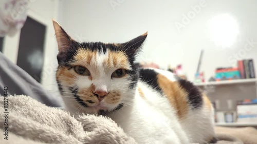 A calico cat is trying to sleep on a sheet-covered bed indoors