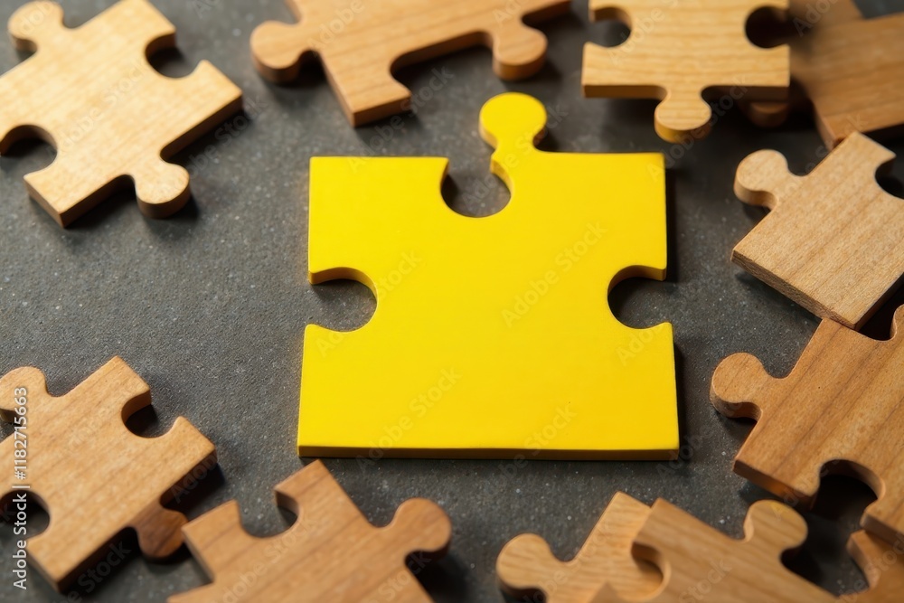 Fototapeta premium Yellow puzzle with wooden pieces surrounding it, yellow puzzle, thinking game