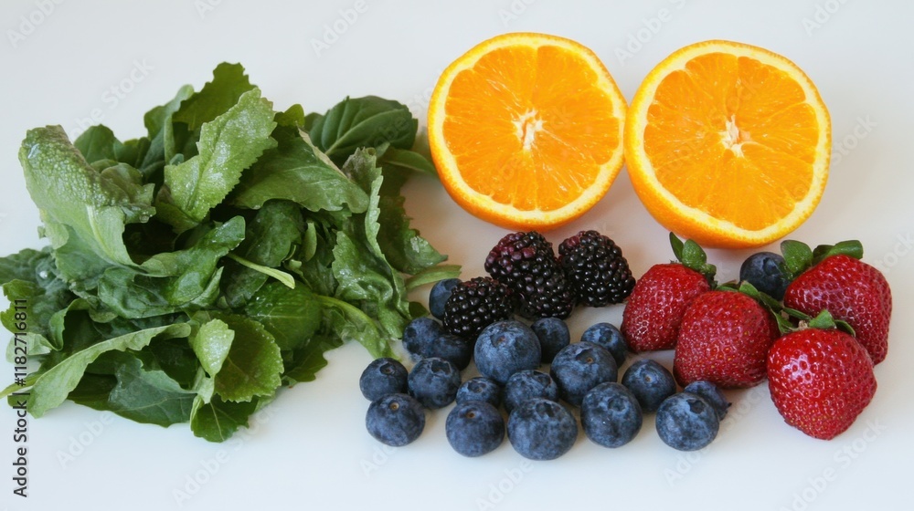 Fresh produce spread featuring bright fruits and leafy greens promoting health and nourishment in a vibrant display Fresh produce spread featuring bright fruits and leafy greens promoting health and nourishment in a vibrant display