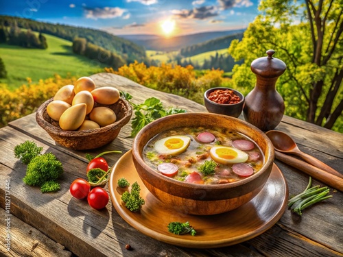 Aerial View of Polish Zurek Soup with Kielbasa and Eggs photo