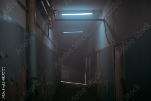 Fotografie A scary, dark, mysterious corridor in an abandoned building with dim lights and