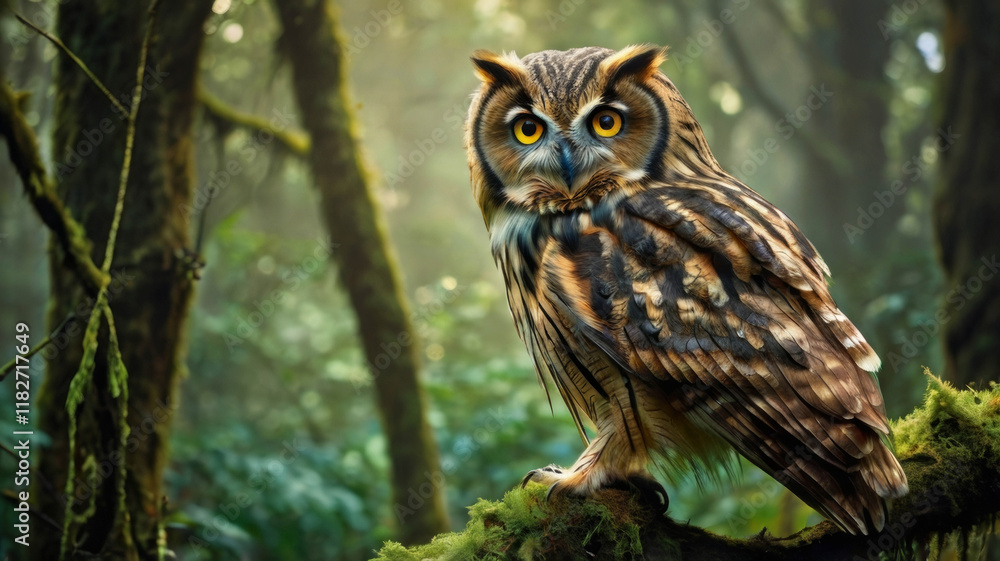 Fototapeta premium a owl in majestic perched atop a misty, moss-covered ancient tree branch, surrounded by lush emerald foliage