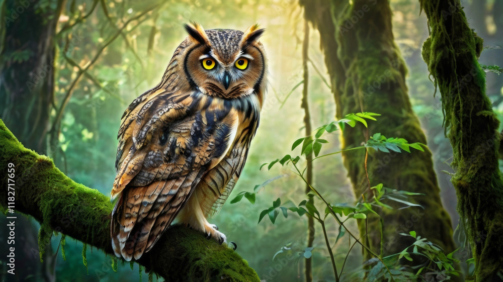 a owl in majestic perched atop a misty, moss-covered ancient tree branch, surrounded by lush emerald foliage a owl in majestic perched atop a misty, moss-covered ancient tree branch, surrounded by lush emerald foliage
