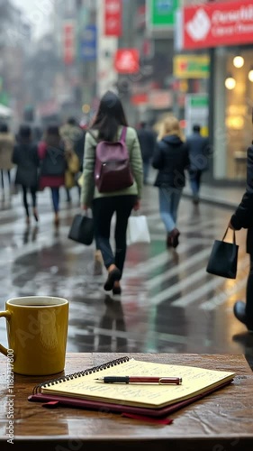 Busy city street in rainy weather with coffee cup and notebook in the foreground