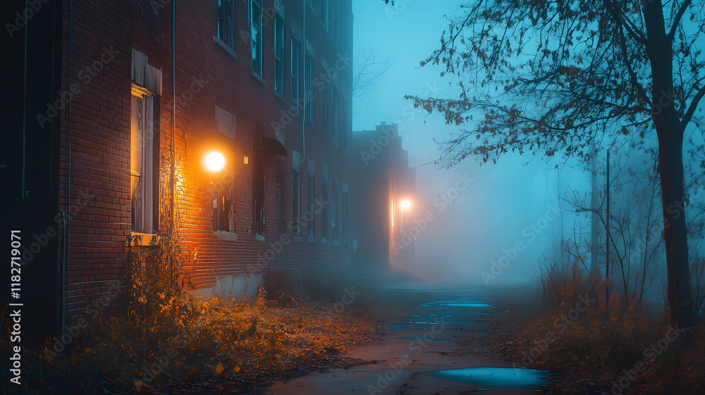 Foggy night scene with abandoned brick building and lights. Willowlight. Illustration Foggy night scene with abandoned brick building and lights. Willowlight. Illustration