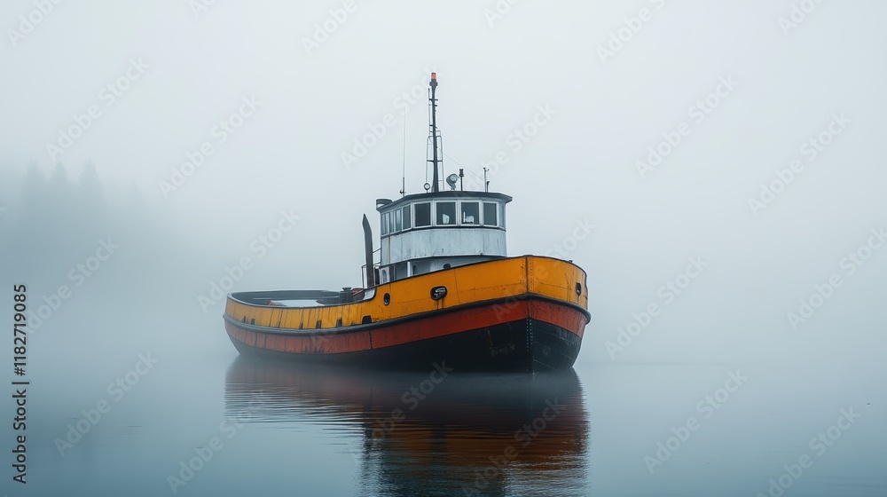 A Solitary Tugboat Drifts Quietly in the Misty Morning Fog on a Serene Lake, Offering a Tranquil Scene of Solitude and Reflection Amidst the Stillness of Nature's Embrace A Solitary Tugboat Drifts Quietly in the Misty Morning Fog on a Serene Lake, Offering a Tranquil Scene of Solitude and Reflection Amidst the Stillness of Nature's Embrace