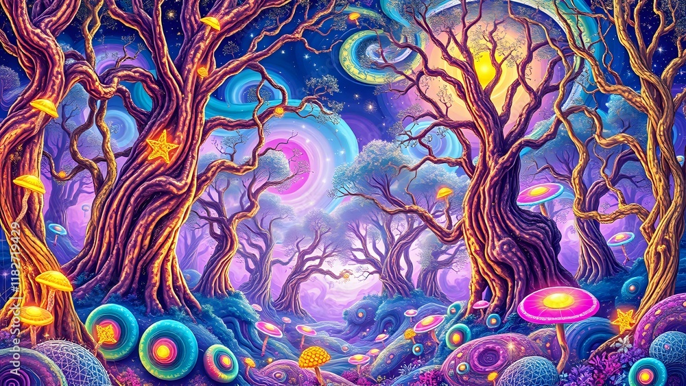 Obraz premium Psychedelic Forest Dreamscape Under Full Moon
