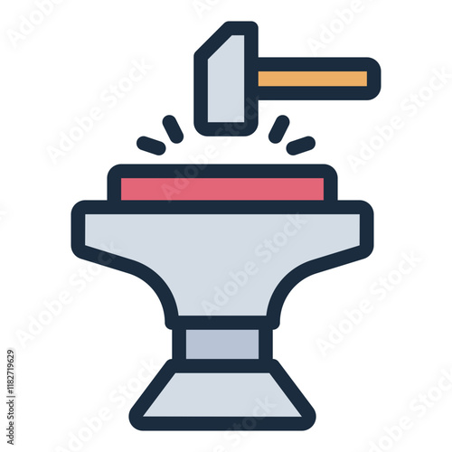 Hammering on anvil filled line icon for shaping metal in a forge