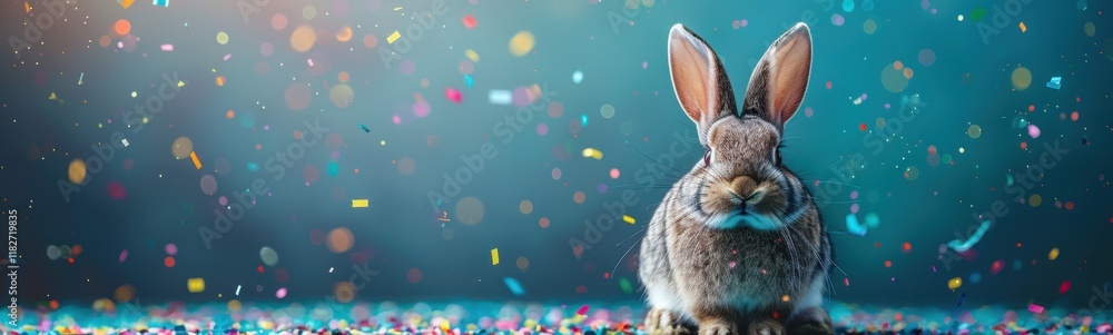 Obraz premium There is a rabbit that is sitting on a table with confetti, animal background, banner, copy space