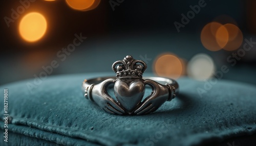 Traditional Irish Claddagh Ring in Silver with Romantic Symbolism on Teal Velvet Background photo