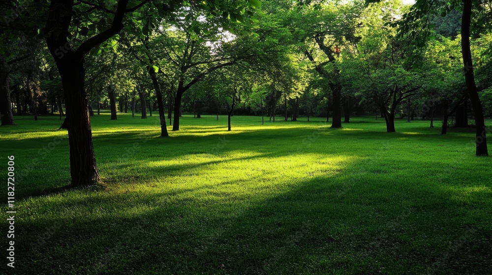 Lush green landscape featuring vibrant trees and grass illuminated by sunlight in a tranquil park setting during the afternoon Lush green landscape featuring vibrant trees and grass illuminated by sunlight in a tranquil park setting during the afternoon
