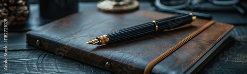 There is a pen sitting on top of a leather notebook photo