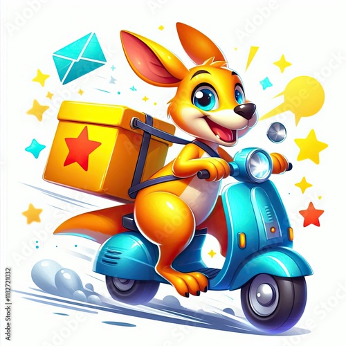 Yellow kangaroo courier on blue scooter on white background photo