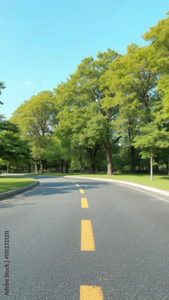 Empty asphalt road cuts through lush green park under vast blue sky, scenic, nature, journey Empty asphalt road cuts through lush green park under vast blue sky, scenic, nature, journey