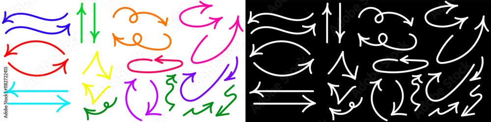 Set of white and colorful hand drawn arrows of different shape. Design element. Set of white and colorful hand drawn arrows of different shape. Design element.