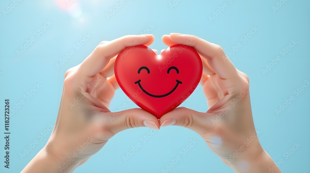 Fototapeta premium stock photo Graceful hands with refined features hold a smiling heart against a light blue background. Glowing bioluminescent colors, distinct split composition