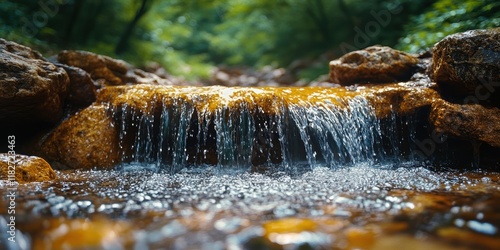 A tranquil scene of a small waterfall gently cascading over rocks in a lush, green forest setting, exemplifying the serene beauty of untouched nature and the calming influence of water in motion