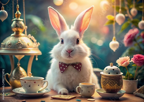 Alice in Wonderland Party Invitation: Whimsical White Rabbit & Tea Party Scene