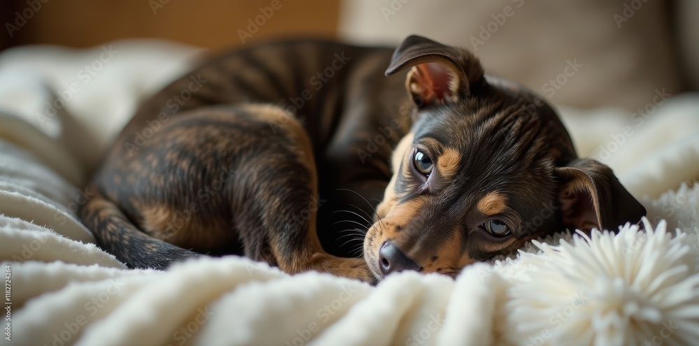 Little kitten curled up on lap of American Staffordshire Terrier in cozy home interior, pet, sofa, soft blanket Little kitten curled up on lap of American Staffordshire Terrier in cozy home interior, pet, sofa, soft blanket