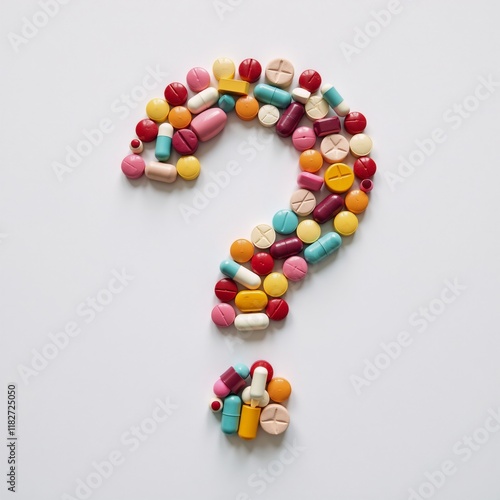 A question mark filled with pill-like shapes symbolizing medication photo