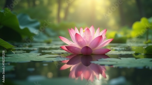 A photorealistic image of a blooming lotus flower floating gracefully on a serene pond. The flower's delicate petals are a vibrant pink, contrasting beautifully with the lush green leaves surrounding 