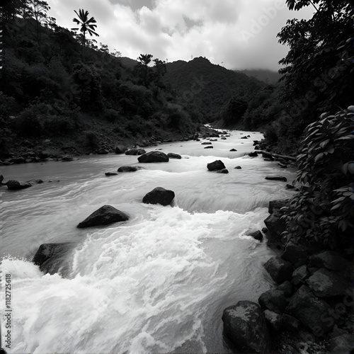 Black and white image of water stream got overflood after heavy tropical rain in mountains photo