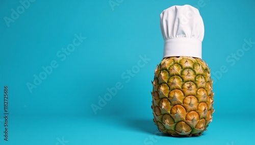 Chef-wearing ripe pineapple against a blue backdrop symbolizes healthy veganvegetarian cooking with an emphasis on exotic cuisine photo