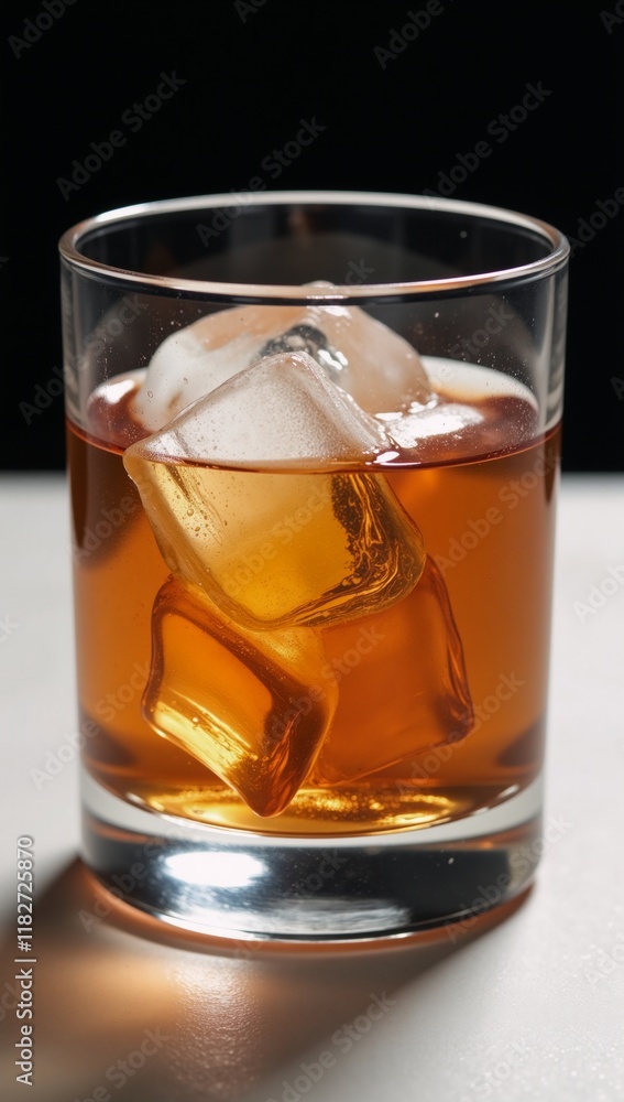 Elegantly-styled food photo showcases a silhouetted whiskey cocktail glass filled with ice cubes Elegantly-styled food photo showcases a silhouetted whiskey cocktail glass filled with ice cubes