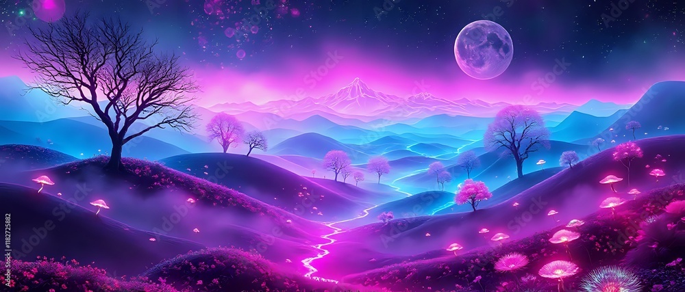 Obraz premium Mystical Night Landscape with Snowy Mountains and Purple Sky