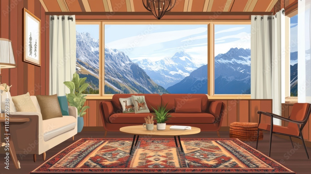 Obraz premium Serene Mountain Cabin Living Room with Panoramic Views. A Cozy and Stylish Interior Design for a Mountain Retreat.