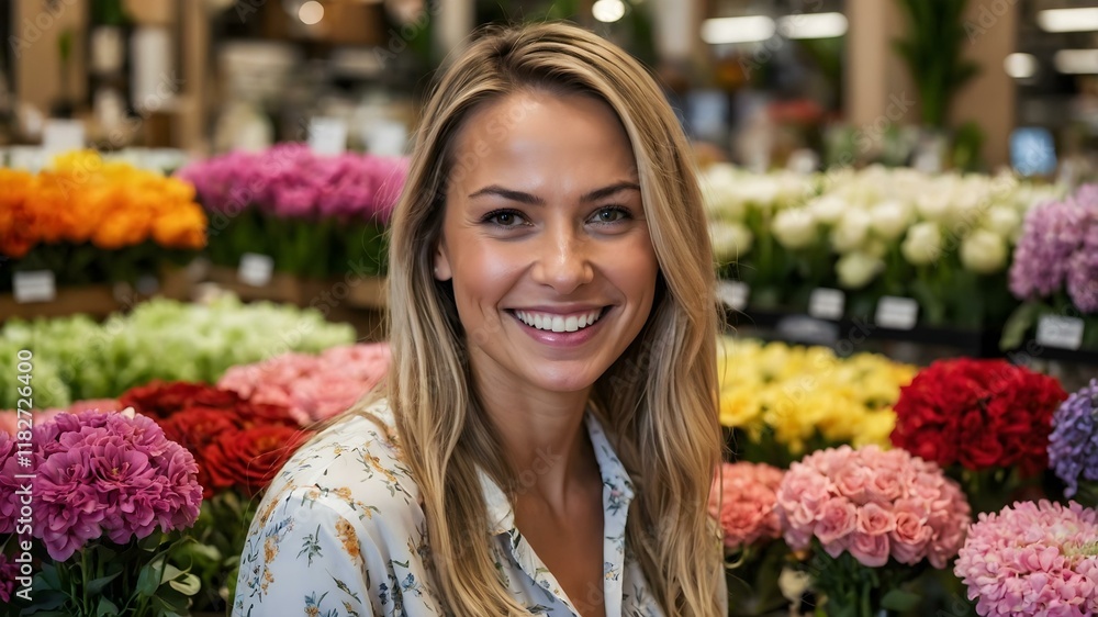 A blonde woman's portrait, framed by a floral arrangement, perfect for beauty and wellness campaigns. A blonde woman's portrait, framed by a floral arrangement, perfect for beauty and wellness campaigns.