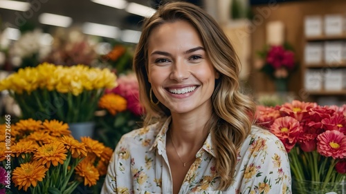 A blonde woman's portrait, framed by a floral backdrop, exuding natural beauty and elegance, full of peonies and roses, naturally elegants flowers. photo