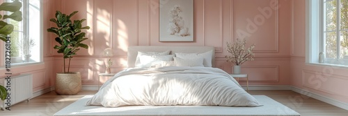 A beautifully designed bedroom showcasing a serene and spacious atmosphere with pastel pink walls, elegant decor, and a cozy, inviting bed.