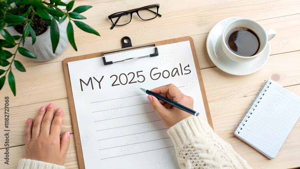 New year resolutions 2025 on desk. 2025 resolutions list with notebook, coffee cup on table. Goals, resolutions, plan, action, checklist concept. New Year 2025 template, copy space New year resolutions 2025 on desk. 2025 resolutions list with notebook, coffee cup on table. Goals, resolutions, plan, action, checklist concept. New Year 2025 template, copy space