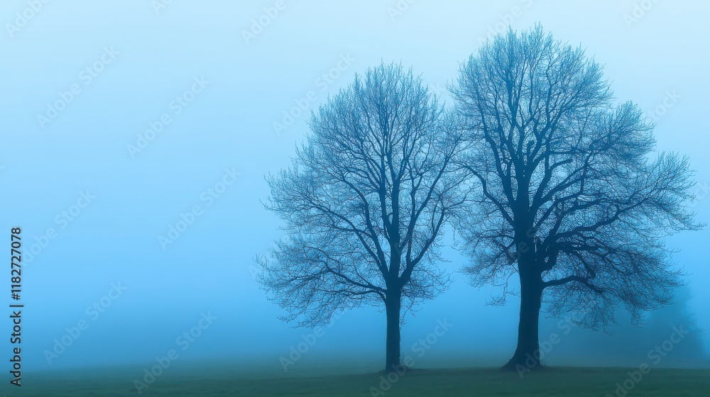 Misty Morning Landscape with Silhouetted Trees - A Tranquil and Peaceful Scene of Nature's Beauty Misty Morning Landscape with Silhouetted Trees - A Tranquil and Peaceful Scene of Nature's Beauty