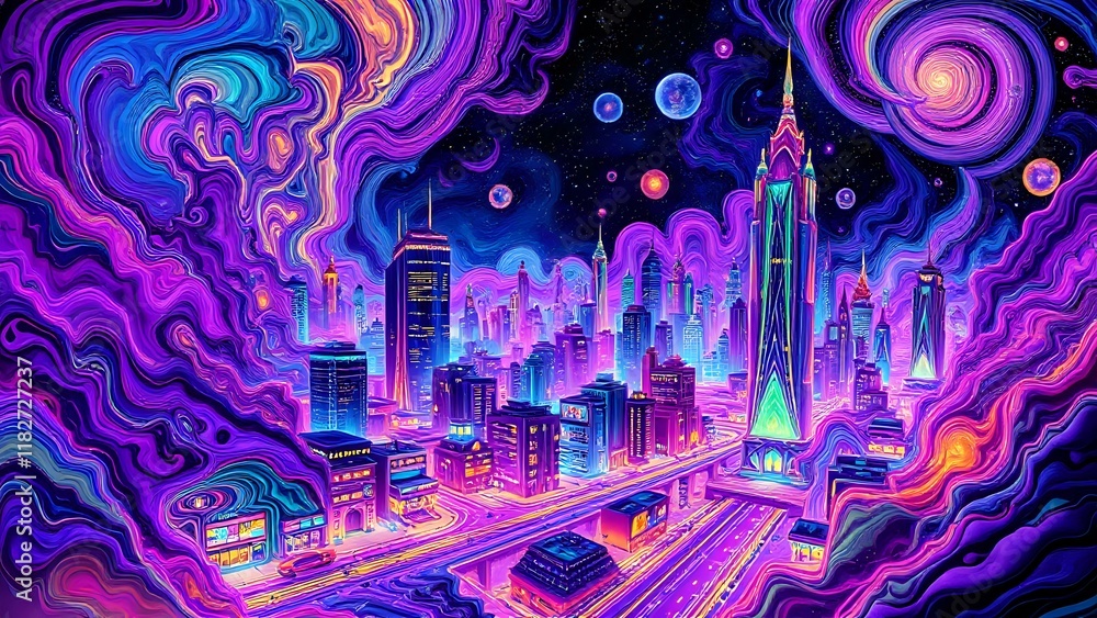 Vibrant Cosmic Cityscape at Dusk Vibrant Cosmic Cityscape at Dusk
