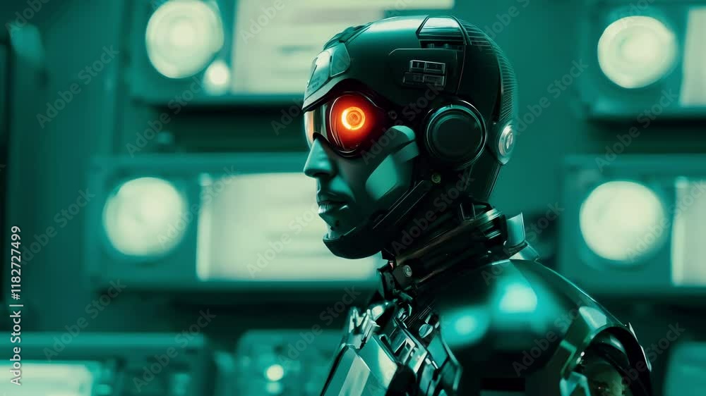 In a dark, futuristic control room, a cyborg with glowing eyes stands among advanced screens and equipment, monitoring intricate data displays and preparing for a mission. In a dark, futuristic control room, a cyborg with glowing eyes stands among advanced screens and equipment, monitoring intricate data displays and preparing for a mission.